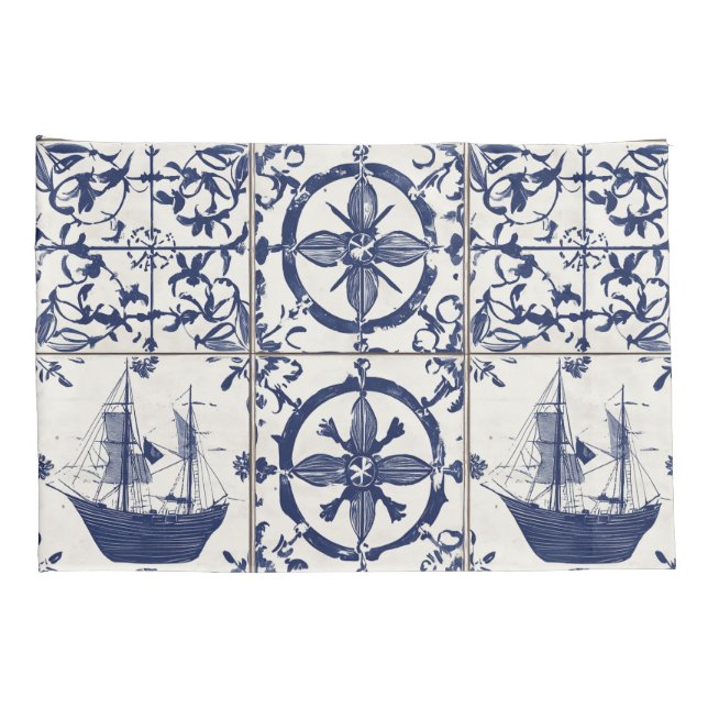 Housse D'oreillers Motif de Carreaux Nautiques Méditerranéens (Dos-Droit)