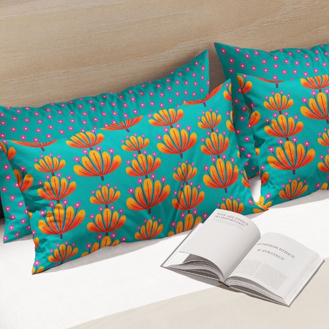Housse D'oreillers Motif floral moderne en turquoise et orange (Créateur téléchargé)