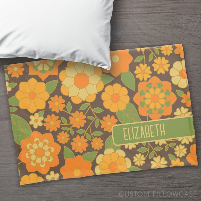 Housse D'oreillers Motif floral tendance rétro avec bloc de nom (Custom Pillowcase)