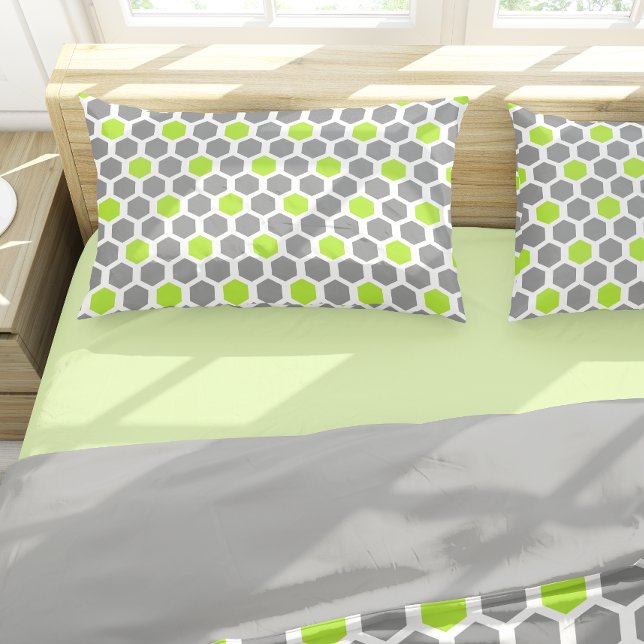 Housse D'oreillers Motif géométrique moderne Lime Green Grey Hexagon (Créateur téléchargé)