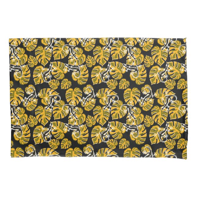 Housse D'oreillers Motif Jaune Et Noir - Geckos Et Feuilles (devant)