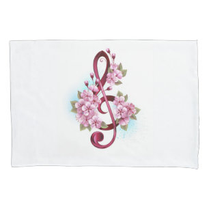 Housse D'oreillers Musical treble clef notes with sakura flowers