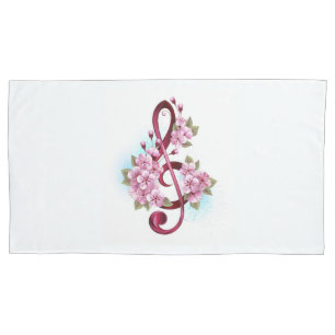 Housse D'oreillers Musical treble clef notes with sakura flowers