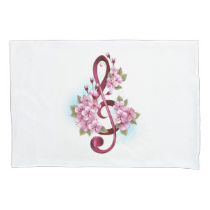 Housse D'oreillers Musical treble clef notes with sakura flowers