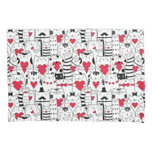 Housse D'oreillers Noir Blanc Cute Chat Coeur Rouge