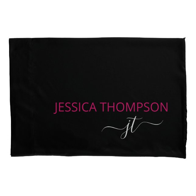 Housse D'oreillers Noir moderne Rose Simple Script Monogramme Nom   (devant)