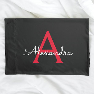 Housse D'oreillers Nom du monogramme rouge noir de la fille