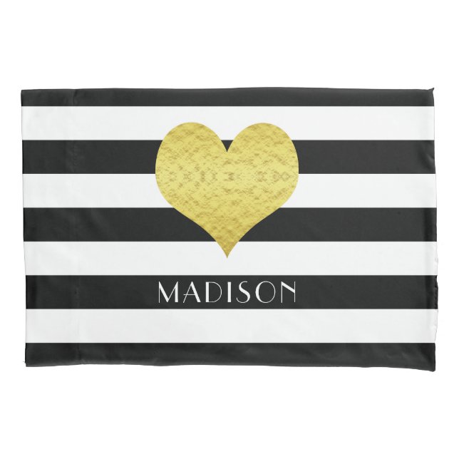 Housse D'oreillers Nom Gold Heart Black White Stripes Motif (devant-gauche)