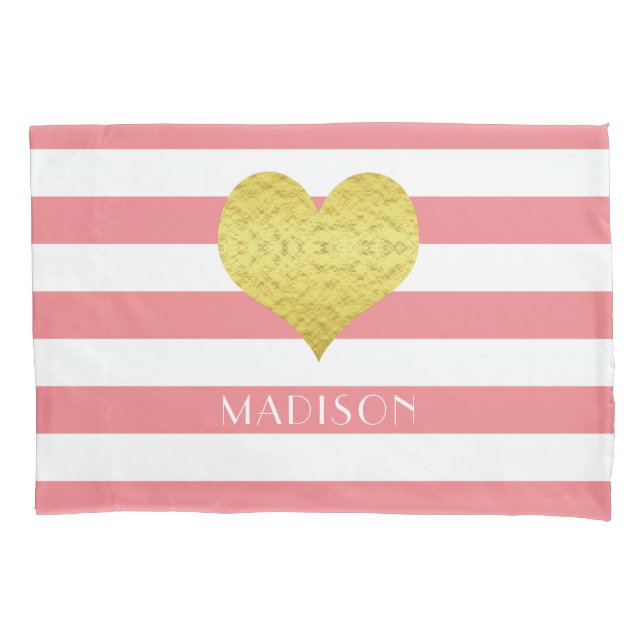 Housse D'oreillers Nom Gold Heart Rose White Stripes Motif (devant-gauche)