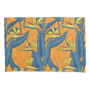 Housse D'oreillers Oiseau de fleurs paradisiaques sur orange