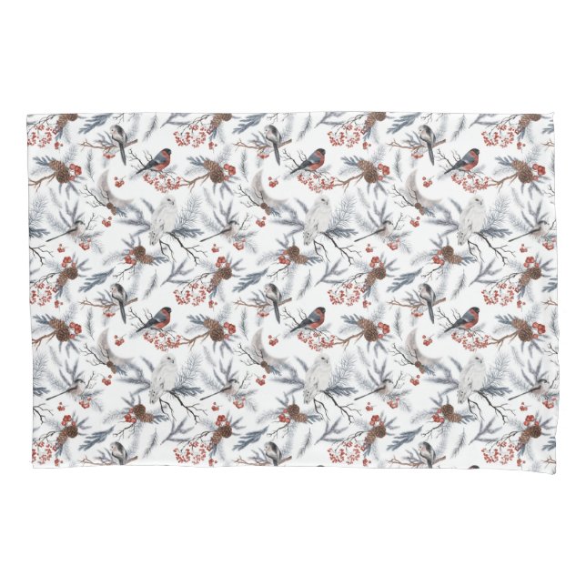 Housse D'oreillers Oiseaux Blanc Gris Argent Branche Baies rouges Bai (devant)
