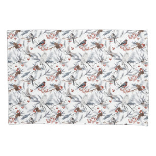 Housse D'oreillers Oiseaux Blanc Gris Argent Branche Baies Rouges Nat
