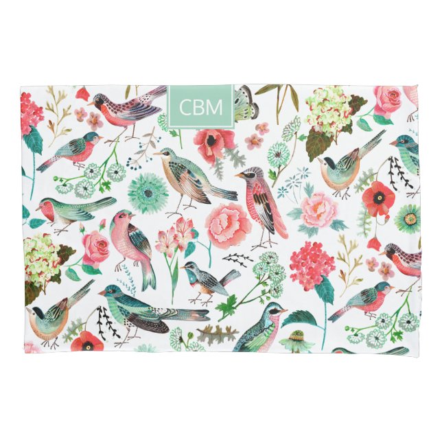 Housse D'oreillers Oiseaux exotiques Jungle Floral avec Monogramme (devant)