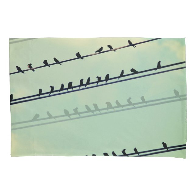 Housse D'oreillers Oiseaux sur des fils, ciel bleu vintage. (devant)