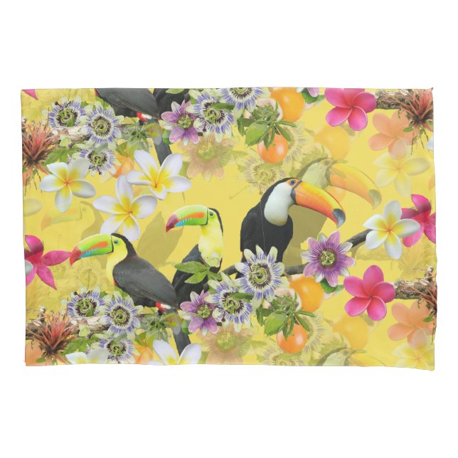 Housse D'oreillers Oiseaux Toucans, Fleurs de Passion, Plumeria Tropi (devant)