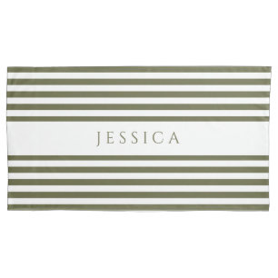 Housse D'oreillers Olive Green & White Motif rayé Nom Coussin Ca