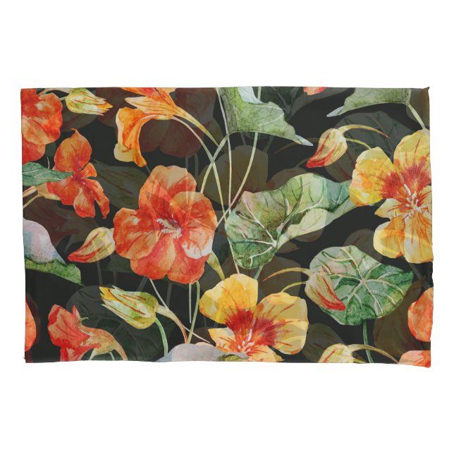 Housse D'oreillers Orange de Nasturtium : Aquarelle Motif foncé. (devant)