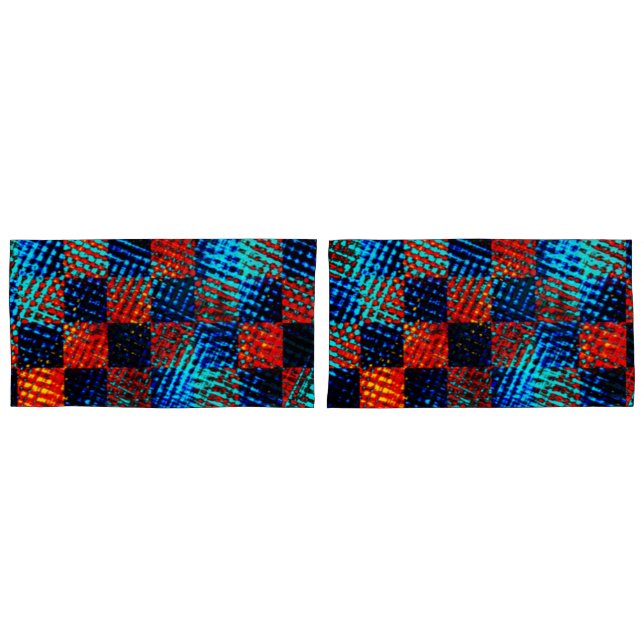 Housse D'oreillers Orange plaid presque rouge, bleu et faux sale (devant-Set)