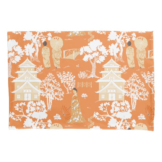 Housse D'oreillers Pagode de la Chinoiserie orange (devant)