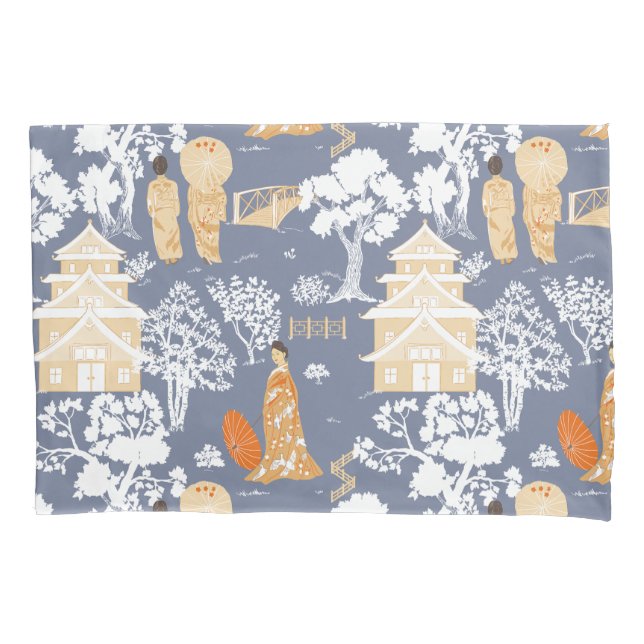 Housse D'oreillers Pagode de la Chinoiserie orange et bleue (devant)