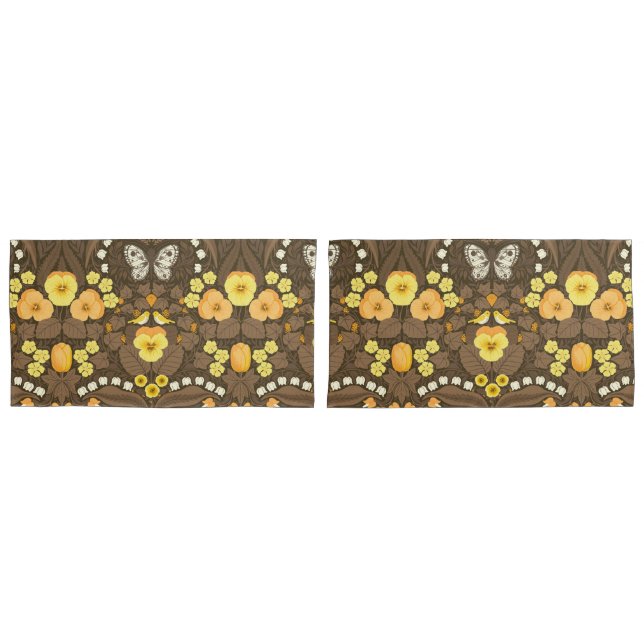 Housse D'oreillers Pansies jaunes, oiseaux et papillons (devant-Set)