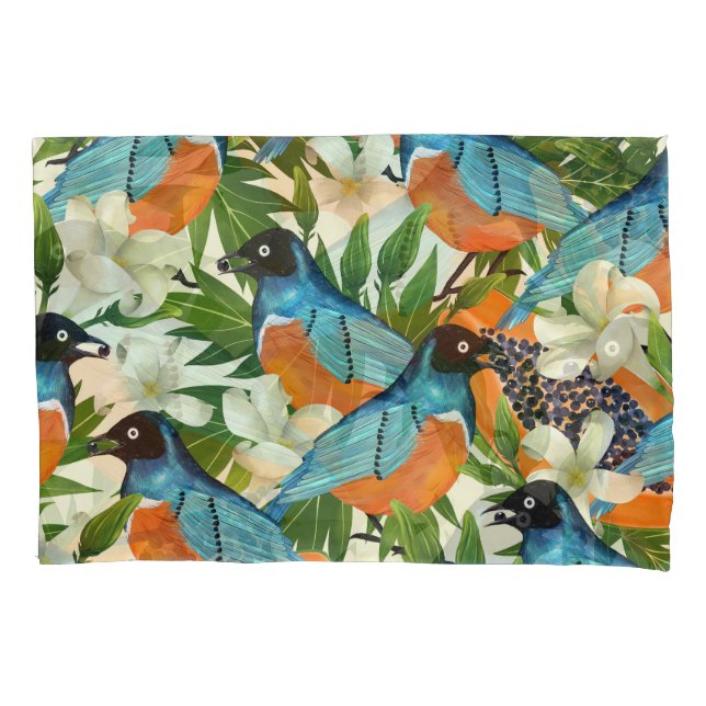 Housse D'oreillers papaye tropicale et motif d'oiseaux. (devant)