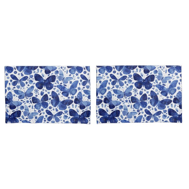 Housse D'oreillers Papillons Motif bleu aquarelle (devant-Set)