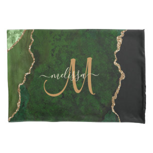 Housse D'oreillers Parties scintillant d'or vert chic Agate Monogramm