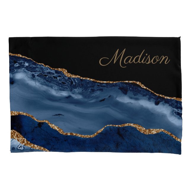 Housse D'oreillers Parties scintillant en marbre bleu marine moderne  (devant)