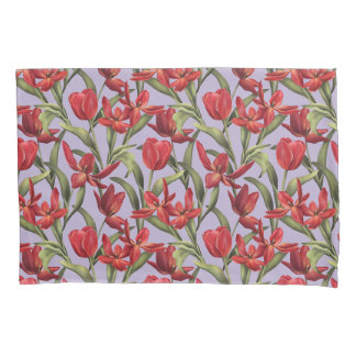 Housse D'oreillers Pastel Lilac arrière - plan aux tulipes rouges