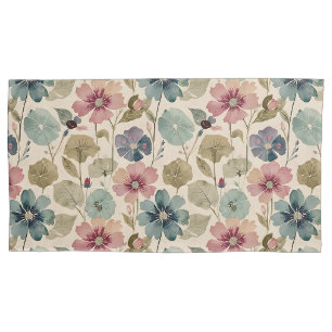 Housse D'oreillers Pastel Turquoise et Fleurs Mauve Vintage Moderne