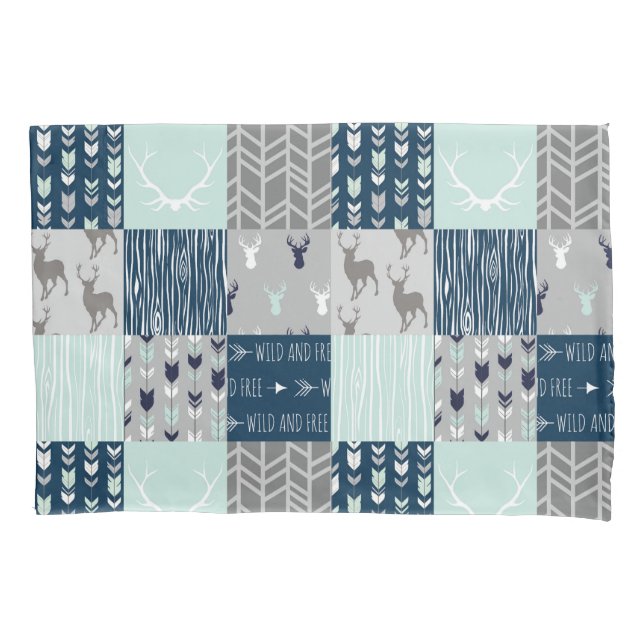 Housse D'oreillers Patchwork de bois en menthe, marine et gris (devant)