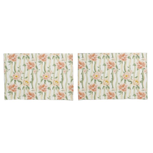 Housse D'oreillers Peach Mint Roses Floral Stripes Birthday (devant-Set)