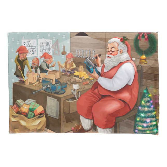 Housse D'oreillers Père Noël Et Elfes Fabriquent Des Jouets | Noël (devant)