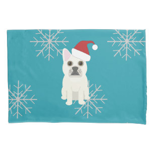 Housse D'oreillers Père Noël Frenchie, Flocons Bleu