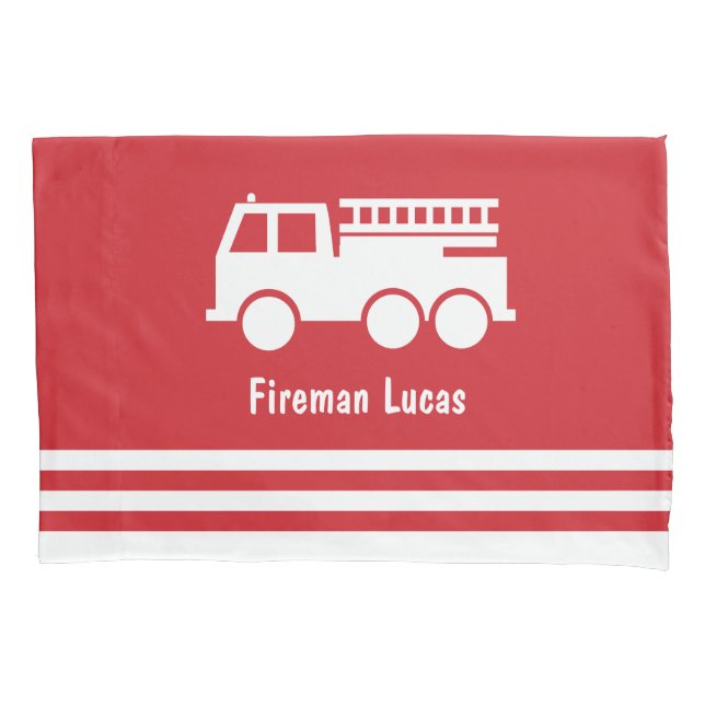 Housse D'oreillers Petit Camion-feu Garçon avec nom Rouge et blanc (devant)