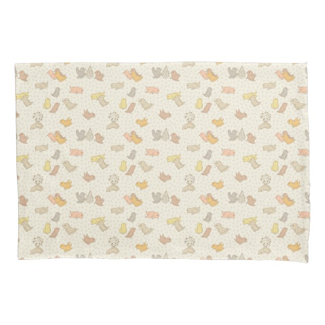 Housse D'oreillers Petits oiseaux et plumes sur beige - motif. (devant)
