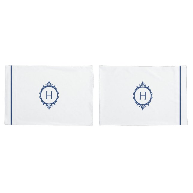 Housse D'oreillers Pillowcase Monogramme bleu et blanc de Chelsea (Dos-Set)