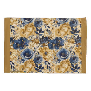 Housse D'oreillers Pillowcase standard bleu or et bronze floral