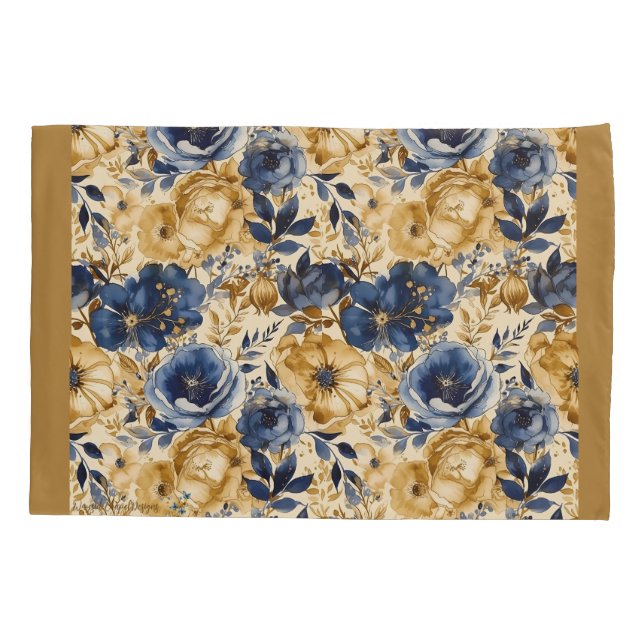 Housse D'oreillers Pillowcase standard bleu or et bronze floral (Dos)