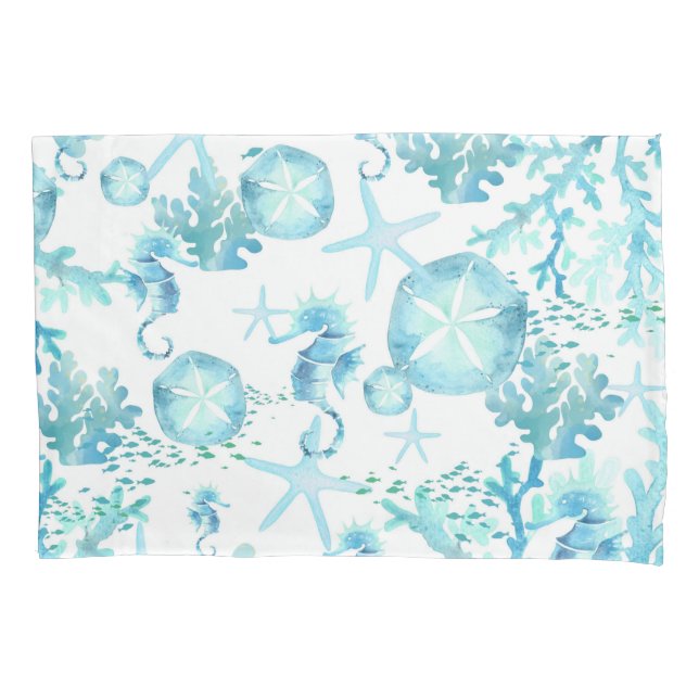Housse D'oreillers Pillowcase Turquoise Blue Sehorse Sanddollar Seash (devant)