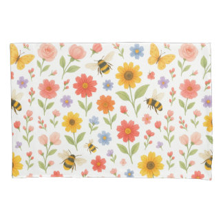 Housse D'oreillers Pink Orange Yellow Floral and Bee Pattern 