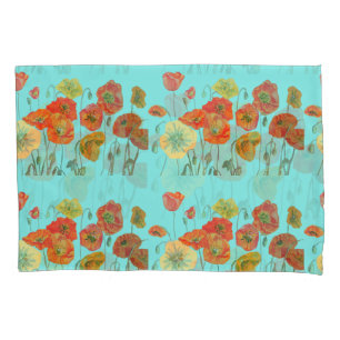 Housse D'oreillers Poppies de pavot jaune orange rouge Aqua aux fleur