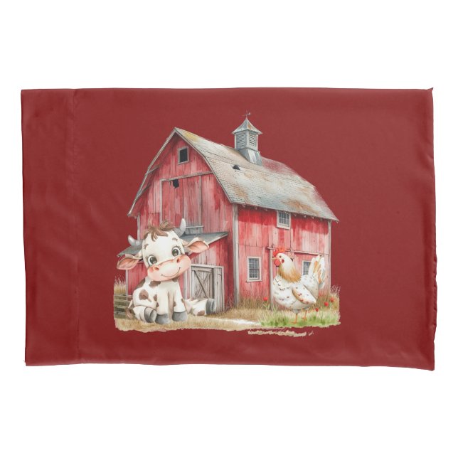 Housse D'oreillers Red Barn Cute Cow Chicken Boy Anniversaire fête ca (devant)
