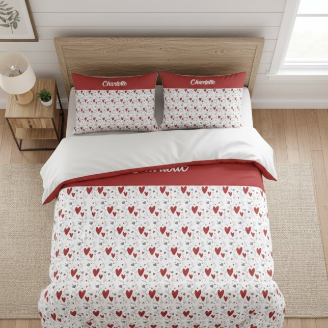 Housse D'oreillers Red Black Doodle Hearts Retro Monogram Name (cute red and black retro hearts theme custom pillowcase with name monogram)