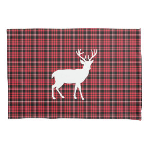 Housse D'oreillers Red Checks Tartan Plaid Motif White Stag
