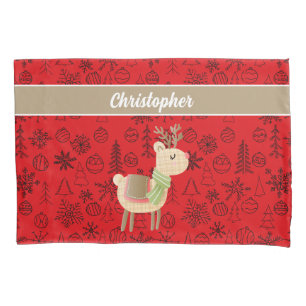 Housse D'oreillers Reindeer Coussin Coque, script personnalisé rouge