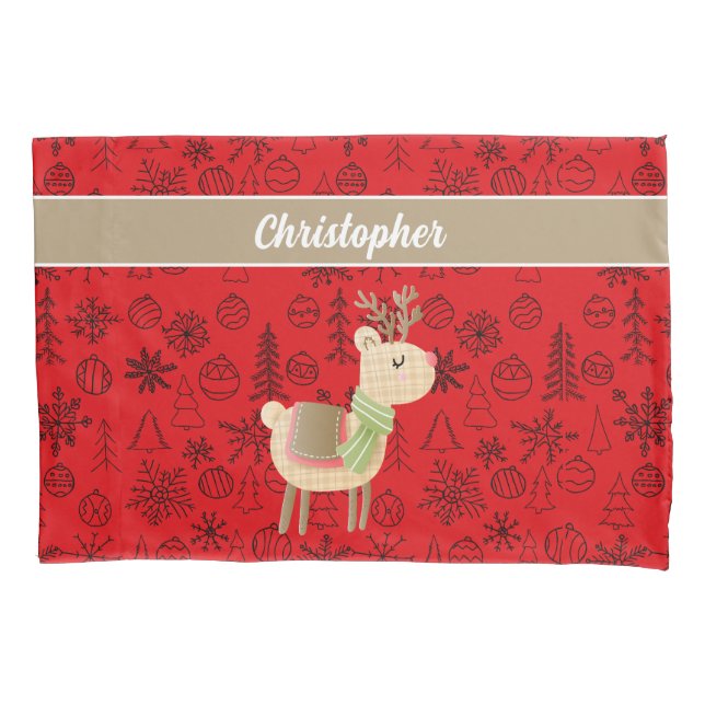 Housse D'oreillers Reindeer Coussin Coque, script personnalisé rouge (devant)