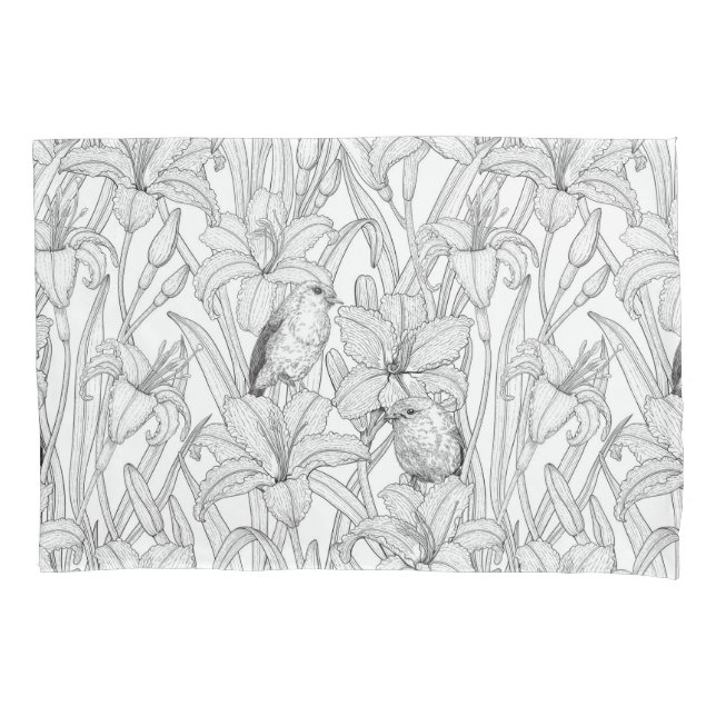 Housse D'oreillers Robins et fleurs de lys, noir et blanc (devant-gauche)