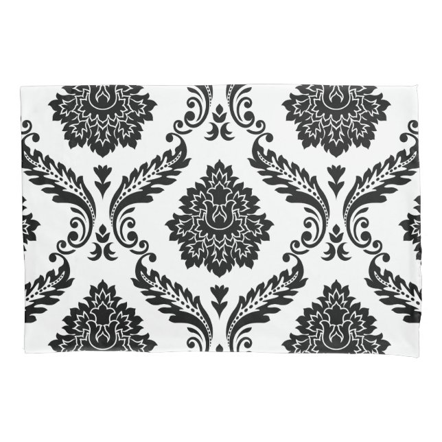 Housse D'oreillers Rococo Damassé Grand Motif Noir sur Blanc (devant)